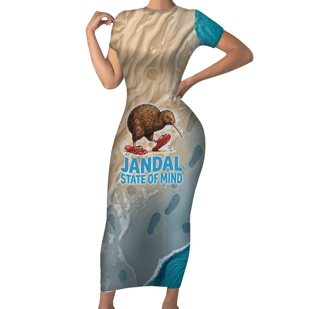 Kiwi Jandal Beach Life Family Matching Short Sleeve Bodycon Dress and Hawaiian Shirt New Zealand Flip Flops Ocean Wave Surf Style TS04 Mom's Dress Beige Cyan - Polynesian Pride