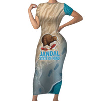 Kiwi Jandal Beach Life Family Matching Short Sleeve Bodycon Dress and Hawaiian Shirt New Zealand Flip Flops Ocean Wave Surf Style TS04 Mom's Dress Beige Cyan - Polynesian Pride