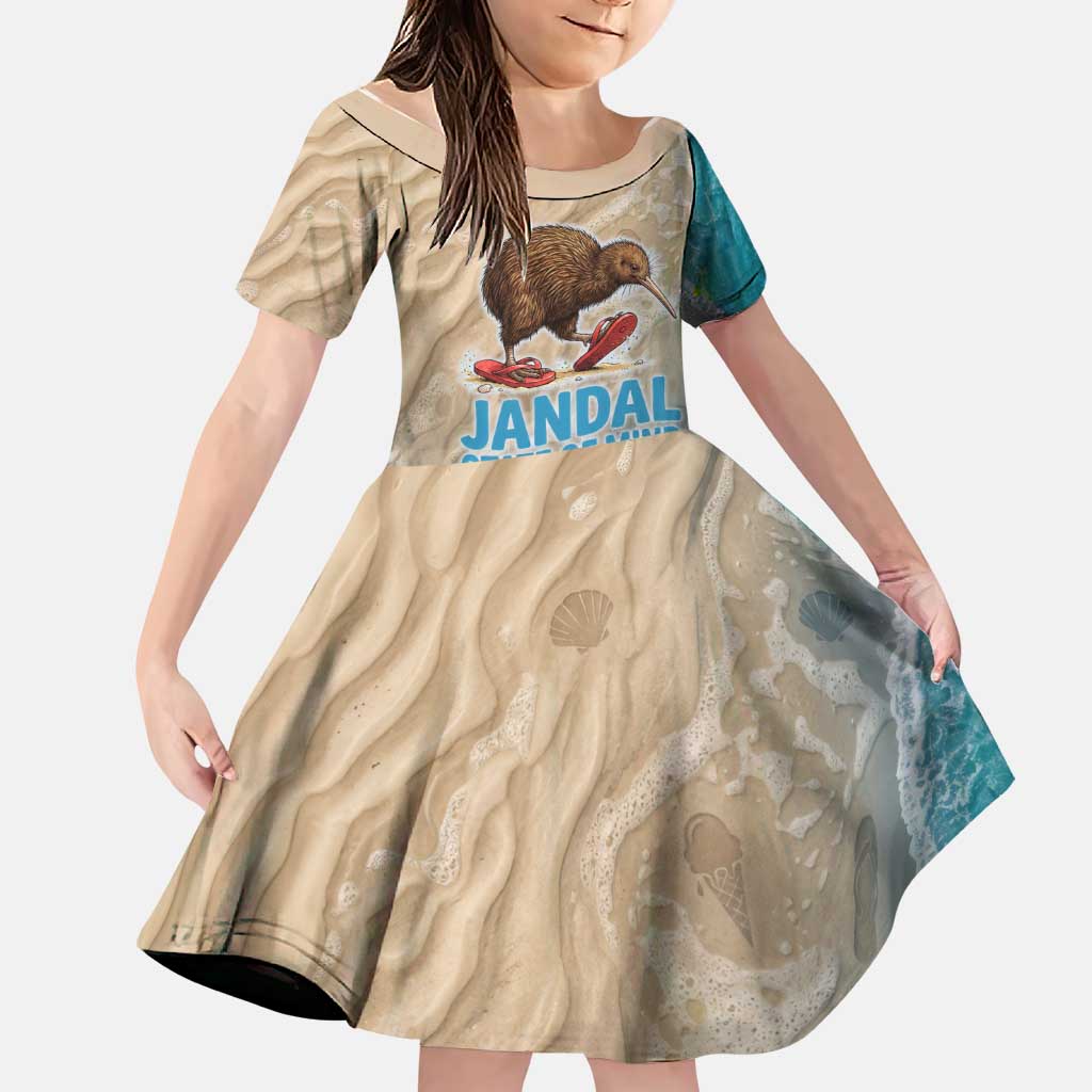 Kiwi Jandal Beach Life Family Matching Summer Maxi Dress and Hawaiian Shirt New Zealand Flip Flops Ocean Wave Surf Style TS04 Daughter's Dress Beige Cyan - Polynesian Pride