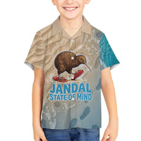 Kiwi Jandal Beach Life Family Matching Summer Maxi Dress and Hawaiian Shirt New Zealand Flip Flops Ocean Wave Surf Style TS04 Son's Shirt Beige Cyan - Polynesian Pride