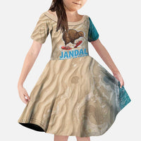 Kiwi Jandal Beach Life Family Matching Tank Maxi Dress and Hawaiian Shirt New Zealand Flip Flops Ocean Wave Surf Style TS04 Daughter's Dress Beige Cyan - Polynesian Pride