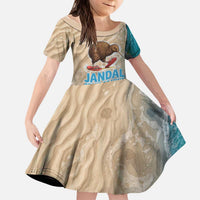 Kiwi Jandal Beach Life Kid Short Sleeve Dress New Zealand Flip Flops Ocean Wave Surf Style TS04 KID Beige Cyan - Polynesian Pride