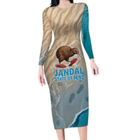 Kiwi Jandal Beach Life Long Sleeve Bodycon Dress New Zealand Flip Flops Ocean Wave Surf Style TS04 Long Dress Beige Cyan - Polynesian Pride