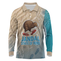 Kiwi Jandal Beach Life Long Sleeve Polo Shirt New Zealand Flip Flops Ocean Wave Surf Style TS04 Beige Cyan - Polynesian Pride