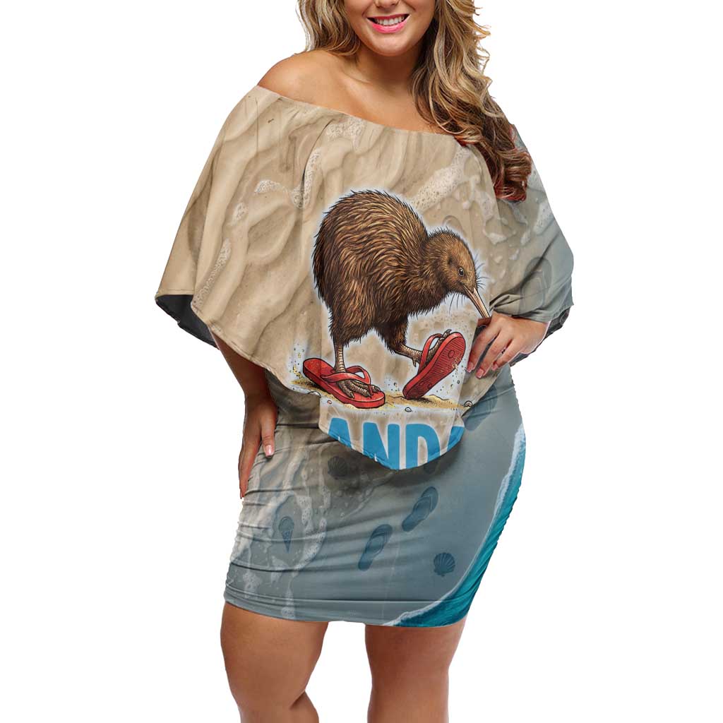 Kiwi Jandal Beach Life Off Shoulder Short Dress New Zealand Flip Flops Ocean Wave Surf Style TS04 Women Beige Cyan - Polynesian Pride
