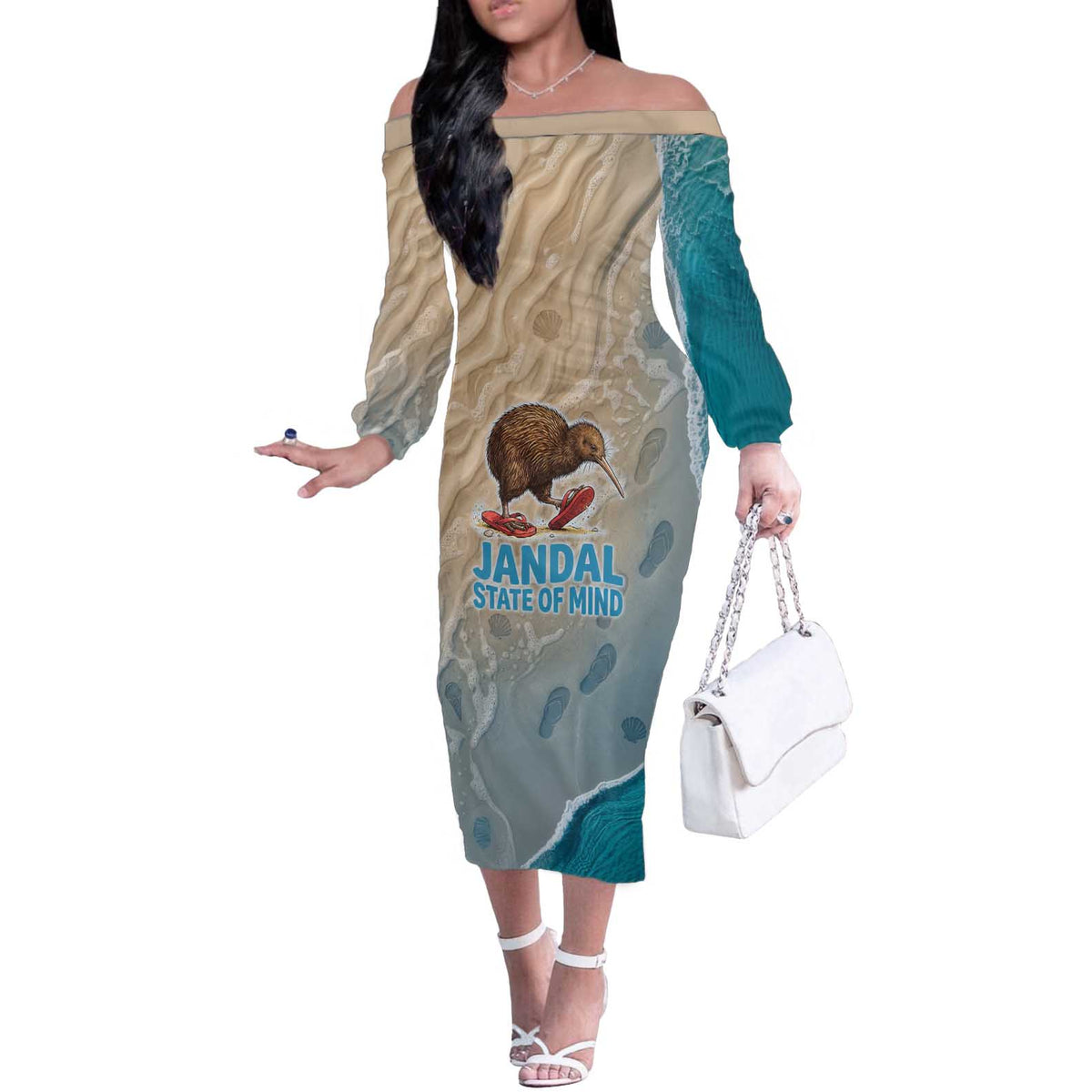Kiwi Jandal Beach Life Off The Shoulder Long Sleeve Dress New Zealand Flip Flops Ocean Wave Surf Style TS04 Women Beige Cyan - Polynesian Pride