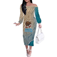 Kiwi Jandal Beach Life Off The Shoulder Long Sleeve Dress New Zealand Flip Flops Ocean Wave Surf Style TS04 Women Beige Cyan - Polynesian Pride