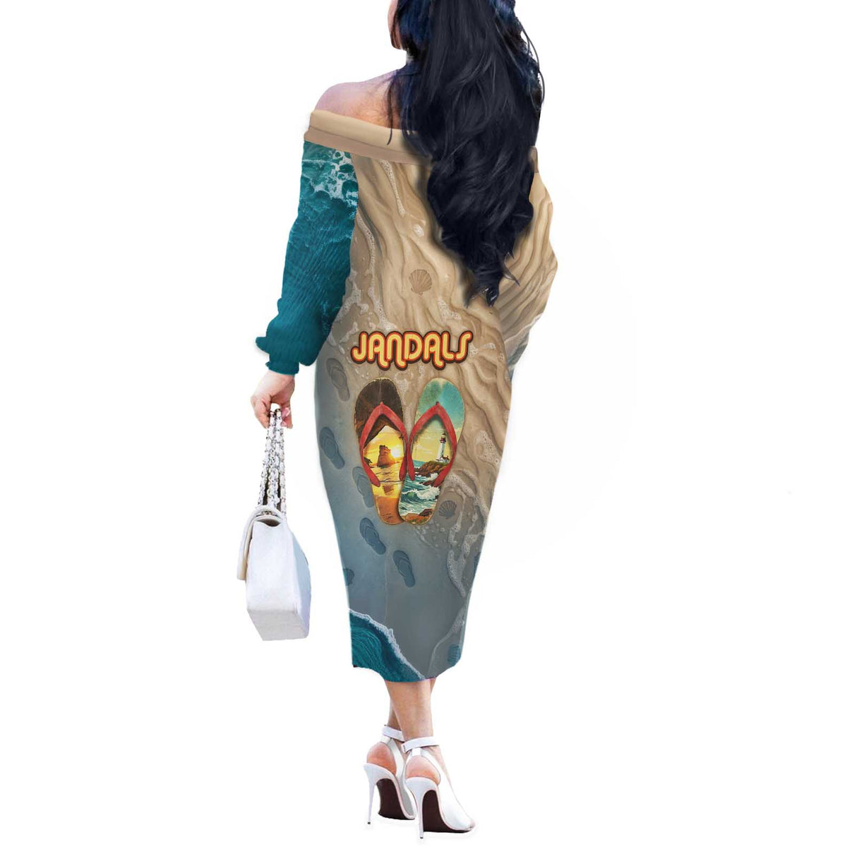 Kiwi Jandal Beach Life Off The Shoulder Long Sleeve Dress New Zealand Flip Flops Ocean Wave Surf Style TS04 - Polynesian Pride