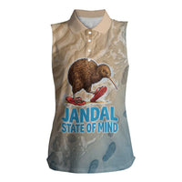 Kiwi Jandal Beach Life Women Sleeveless Polo Shirt New Zealand Flip Flops Ocean Wave Surf Style TS04 Female Beige Cyan - Polynesian Pride