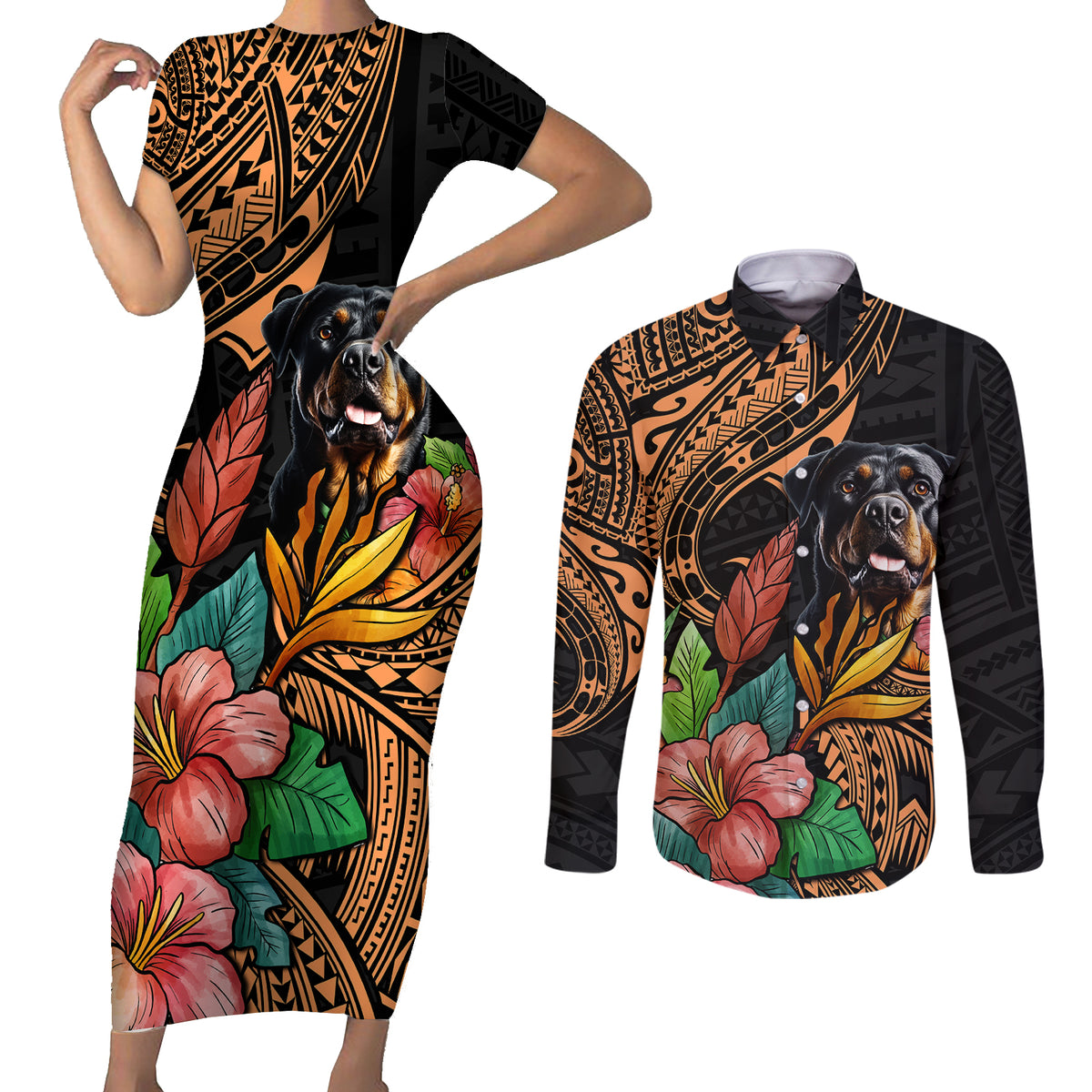 Polynesian Rottweiler Couples Matching Short Sleeve Bodycon Dress and Long Sleeve Button Shirts Polynesian Pattern And Rottweiler TS04 Black - Polynesian Pride