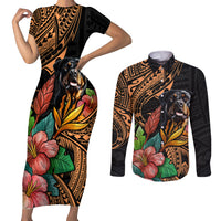Polynesian Rottweiler Couples Matching Short Sleeve Bodycon Dress and Long Sleeve Button Shirts Polynesian Pattern And Rottweiler TS04 Black - Polynesian Pride