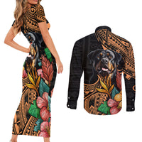 Polynesian Rottweiler Couples Matching Short Sleeve Bodycon Dress and Long Sleeve Button Shirts Polynesian Pattern And Rottweiler TS04 - Polynesian Pride