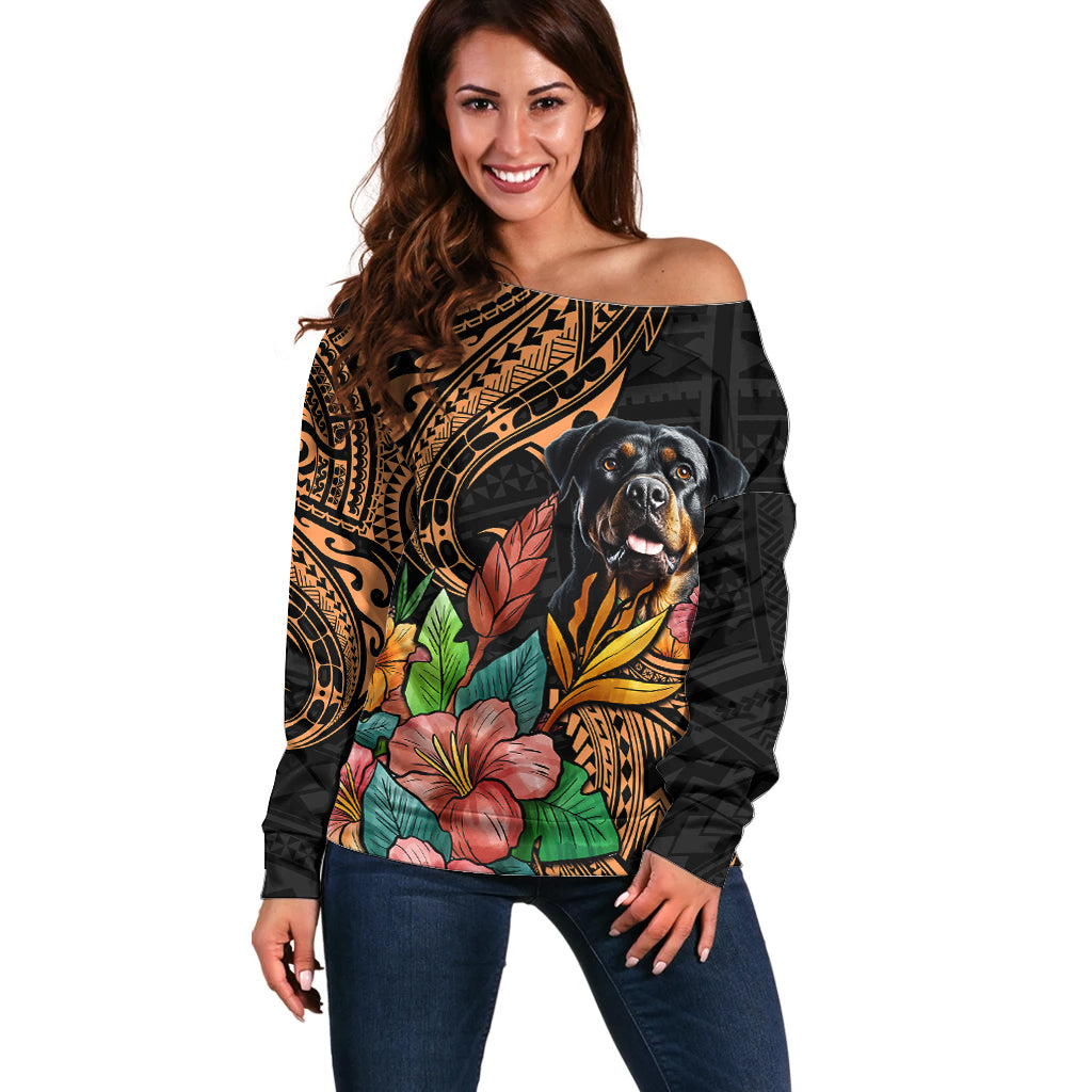 Polynesian Rottweiler Off Shoulder Sweater Polynesian Pattern And Rottweiler TS04 Women Black - Polynesian Pride