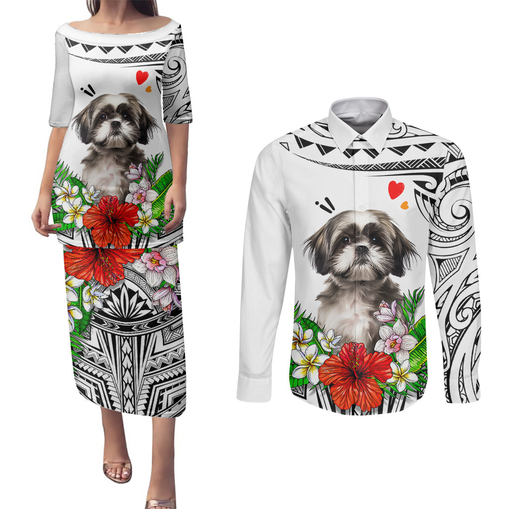 Polynesian Shih Tzu Couples Matching Puletasi Dress and Long Sleeve Button Shirts Polynesian Pattern And Shih Tzu TS04 White - Polynesian Pride