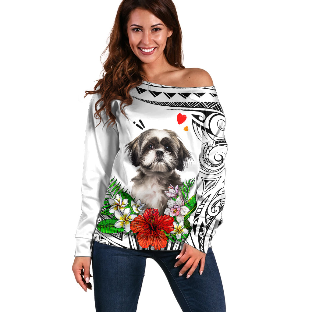 Polynesian Shih Tzu Off Shoulder Sweater Polynesian Pattern And Shih Tzu TS04 Women White - Polynesian Pride