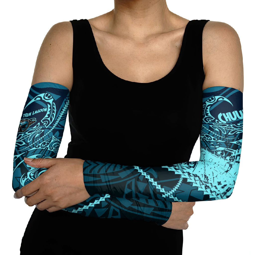 Chuuk Deep Into Truk Lagoon Arm Sleeves Polynesian Tribal Pattern Wreck Diving Teal Ship Art TS04 - Polynesian Pride