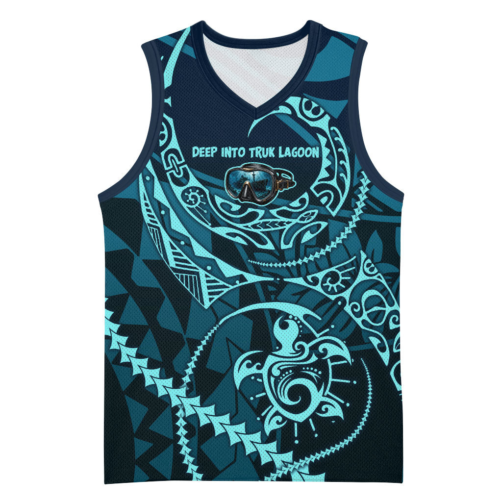 Chuuk Deep Into Truk Lagoon Basketball Jersey Polynesian Tribal Pattern Wreck Diving Teal Ship Art TS04 Unisex Blue Black - Polynesian Pride