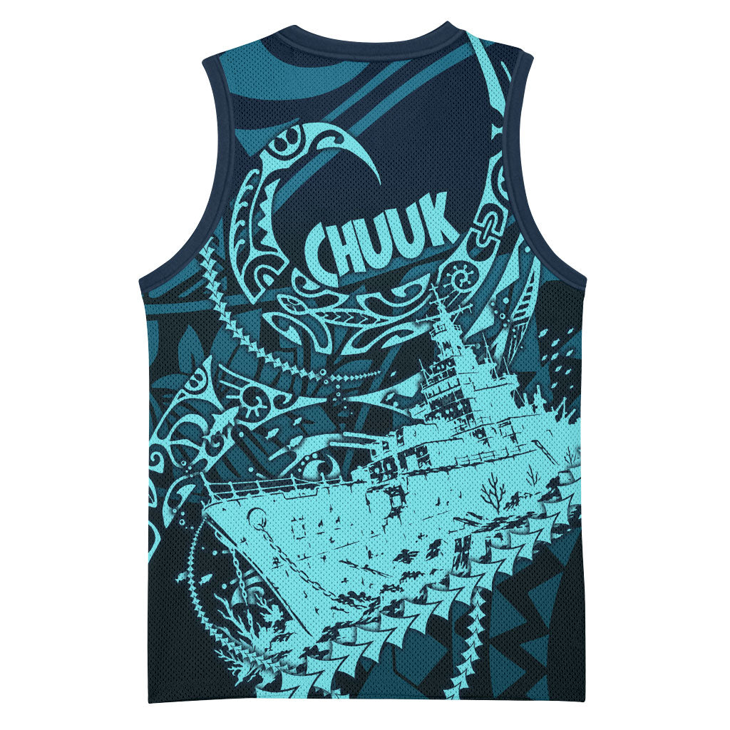 Chuuk Deep Into Truk Lagoon Basketball Jersey Polynesian Tribal Pattern Wreck Diving Teal Ship Art TS04 - Polynesian Pride