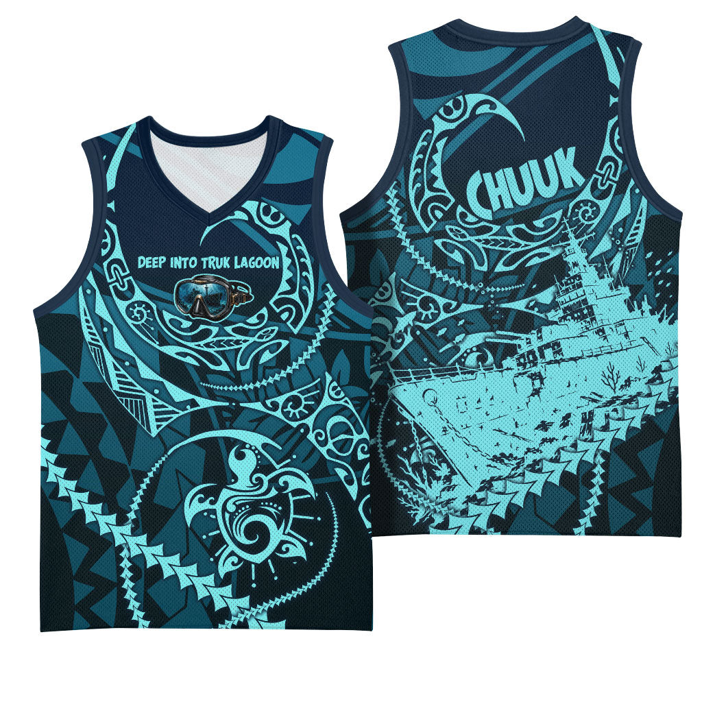 Chuuk Deep Into Truk Lagoon Basketball Jersey Polynesian Tribal Pattern Wreck Diving Teal Ship Art TS04 - Polynesian Pride