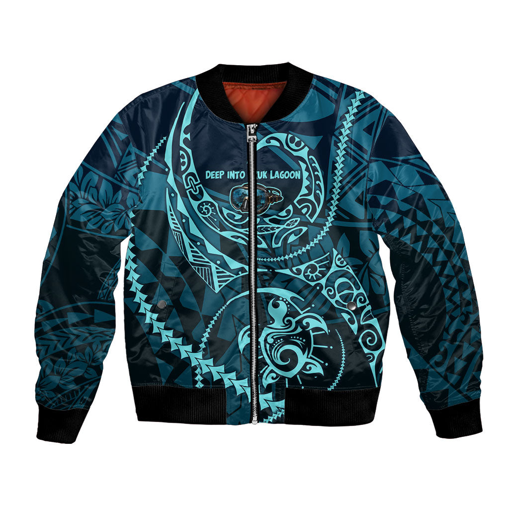 Chuuk Deep Into Truk Lagoon Bomber Jacket Polynesian Tribal Pattern Wreck Diving Teal Ship Art