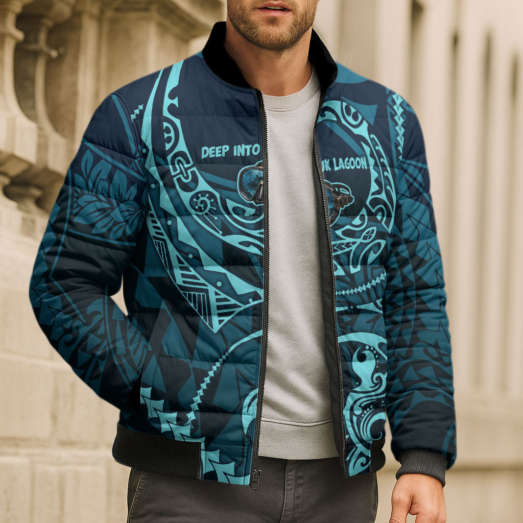 Chuuk Deep Into Truk Lagoon Bomber Puffer Jacket Polynesian Tribal Pattern Wreck Diving Teal Ship Art
