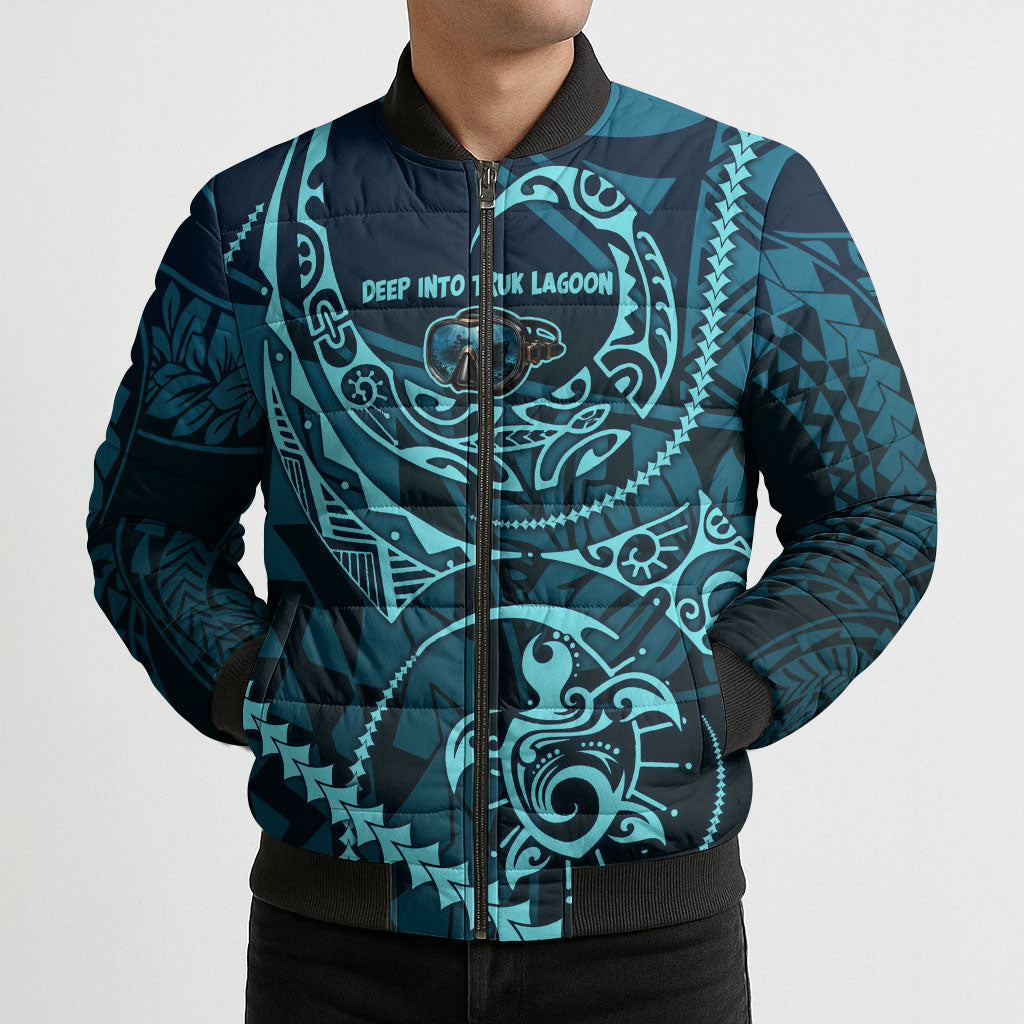 Chuuk Deep Into Truk Lagoon Bomber Puffer Jacket Polynesian Tribal Pattern Wreck Diving Teal Ship Art