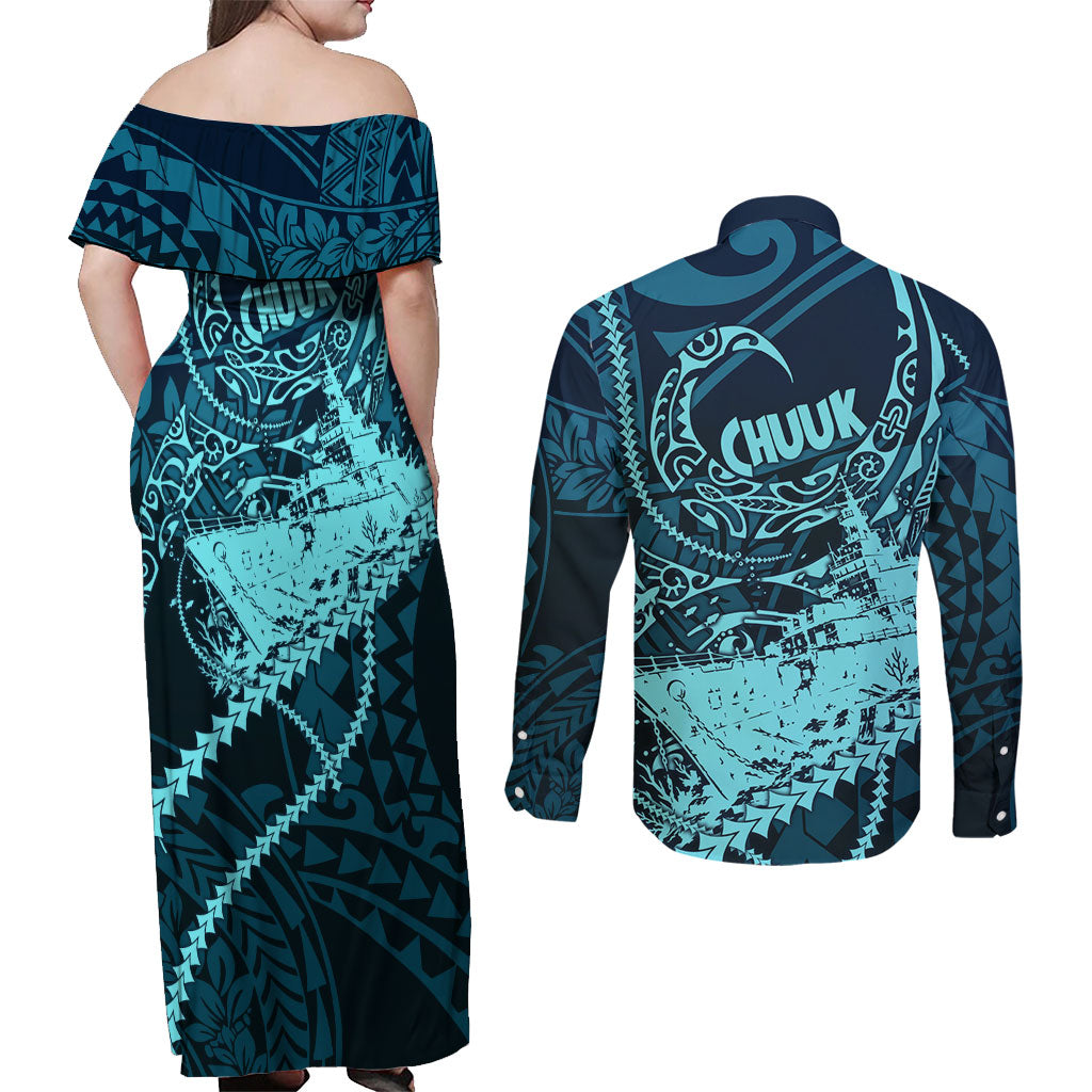 Chuuk Deep Into Truk Lagoon Couples Matching Off Shoulder Maxi Dress and Long Sleeve Button Shirt Polynesian Tribal Pattern Wreck Diving Teal Ship Art TS04 - Polynesian Pride