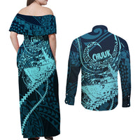 Chuuk Deep Into Truk Lagoon Couples Matching Off Shoulder Maxi Dress and Long Sleeve Button Shirt Polynesian Tribal Pattern Wreck Diving Teal Ship Art TS04 - Polynesian Pride