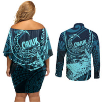 Chuuk Deep Into Truk Lagoon Couples Matching Off Shoulder Short Dress and Long Sleeve Button Shirt Polynesian Tribal Pattern Wreck Diving Teal Ship Art TS04 - Polynesian Pride
