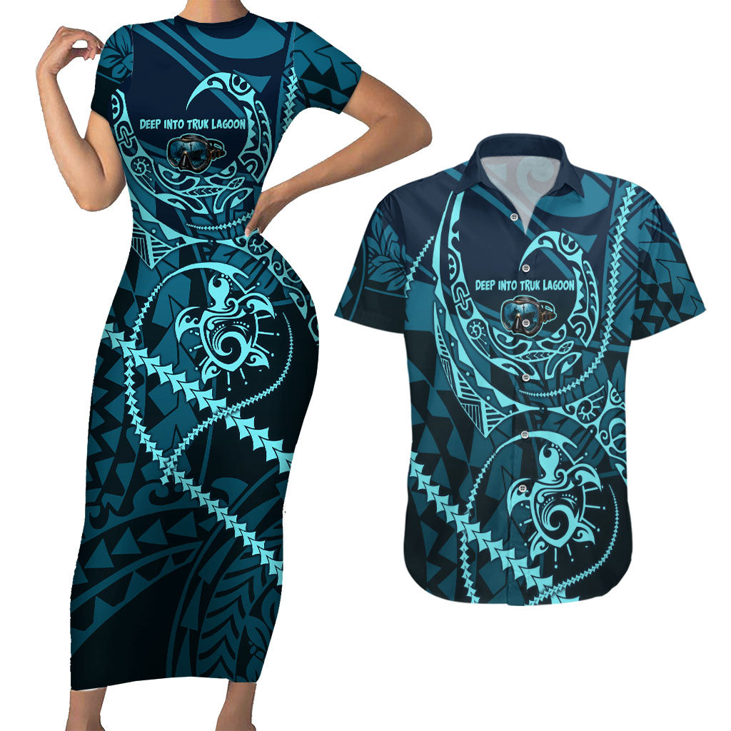 Chuuk Deep Into Truk Lagoon Couples Matching Short Sleeve Bodycon Dress and Hawaiian Shirt Polynesian Tribal Pattern Wreck Diving Teal Ship Art
