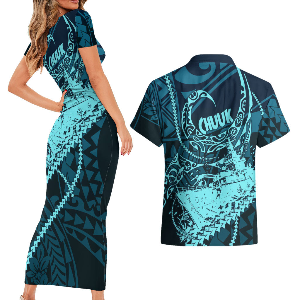 Chuuk Deep Into Truk Lagoon Couples Matching Short Sleeve Bodycon Dress and Hawaiian Shirt Polynesian Tribal Pattern Wreck Diving Teal Ship Art