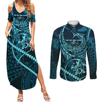 Chuuk Deep Into Truk Lagoon Couples Matching Summer Maxi Dress and Long Sleeve Button Shirt Polynesian Tribal Pattern Wreck Diving Teal Ship Art TS04 Blue Black - Polynesian Pride