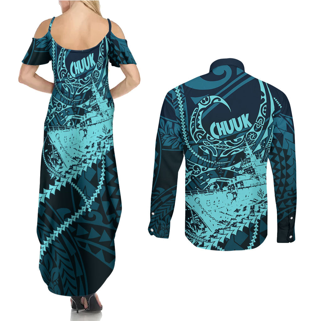 Chuuk Deep Into Truk Lagoon Couples Matching Summer Maxi Dress and Long Sleeve Button Shirt Polynesian Tribal Pattern Wreck Diving Teal Ship Art TS04 - Polynesian Pride