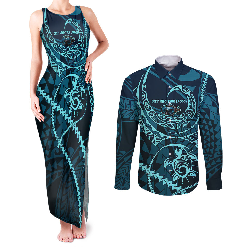 Chuuk Deep Into Truk Lagoon Couples Matching Tank Maxi Dress and Long Sleeve Button Shirt Polynesian Tribal Pattern Wreck Diving Teal Ship Art TS04 Blue Black - Polynesian Pride
