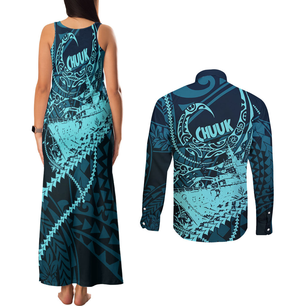 Chuuk Deep Into Truk Lagoon Couples Matching Tank Maxi Dress and Long Sleeve Button Shirt Polynesian Tribal Pattern Wreck Diving Teal Ship Art TS04 - Polynesian Pride