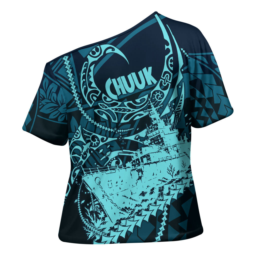 Chuuk Deep Into Truk Lagoon Cross Shoulder Shirt Polynesian Tribal Pattern Wreck Diving Teal Ship Art TS04 - Polynesian Pride