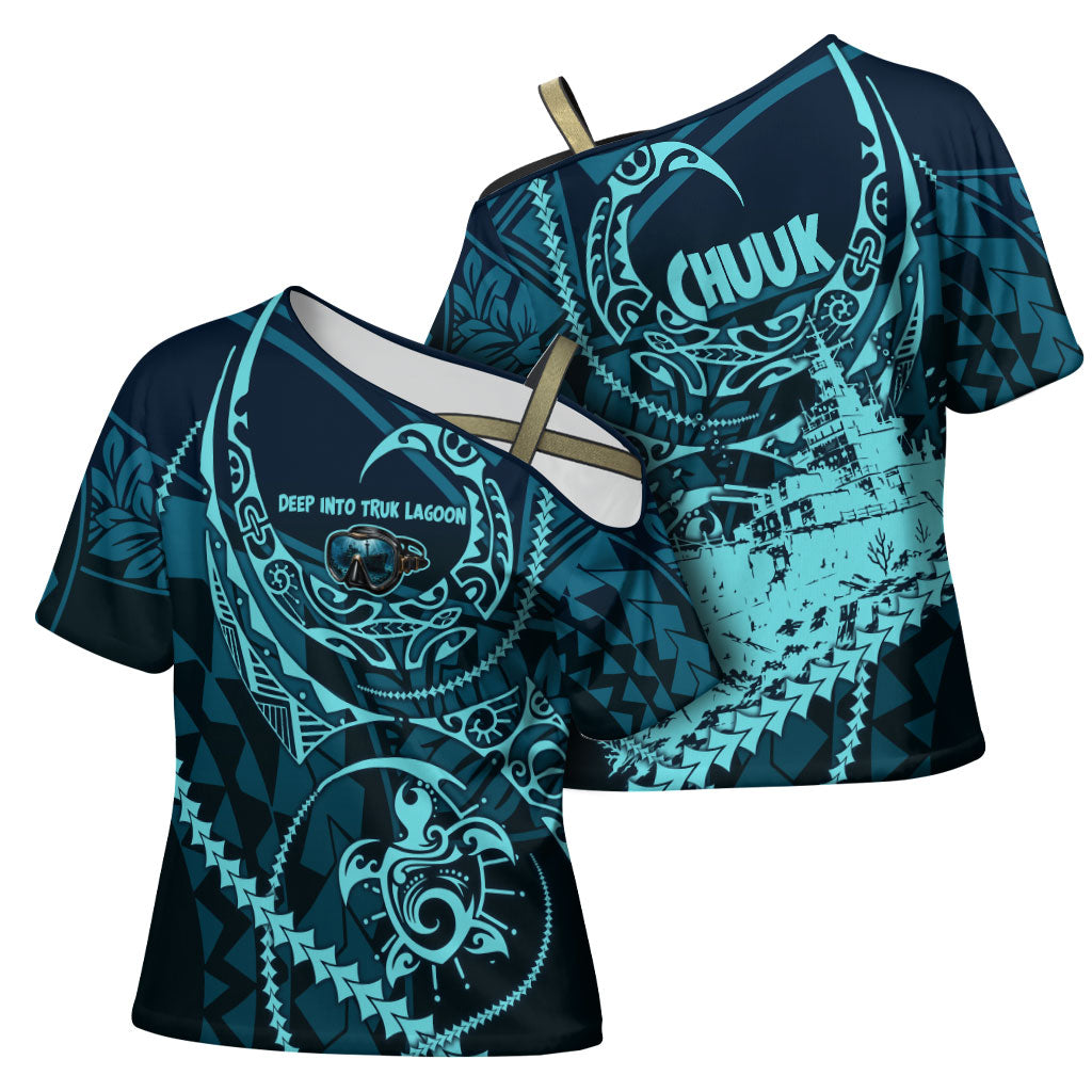 Chuuk Deep Into Truk Lagoon Cross Shoulder Shirt Polynesian Tribal Pattern Wreck Diving Teal Ship Art TS04 - Polynesian Pride