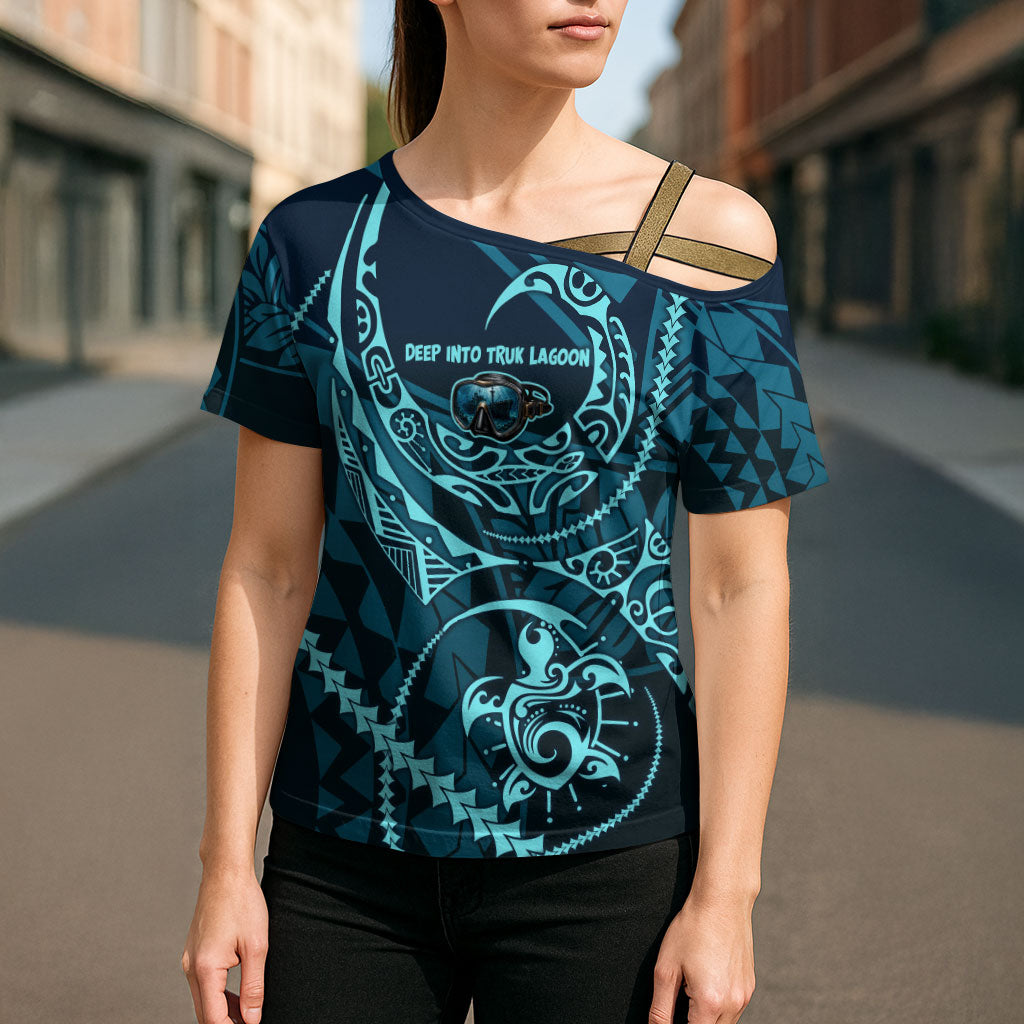 Chuuk Deep Into Truk Lagoon Cross Shoulder Shirt Polynesian Tribal Pattern Wreck Diving Teal Ship Art TS04 - Polynesian Pride