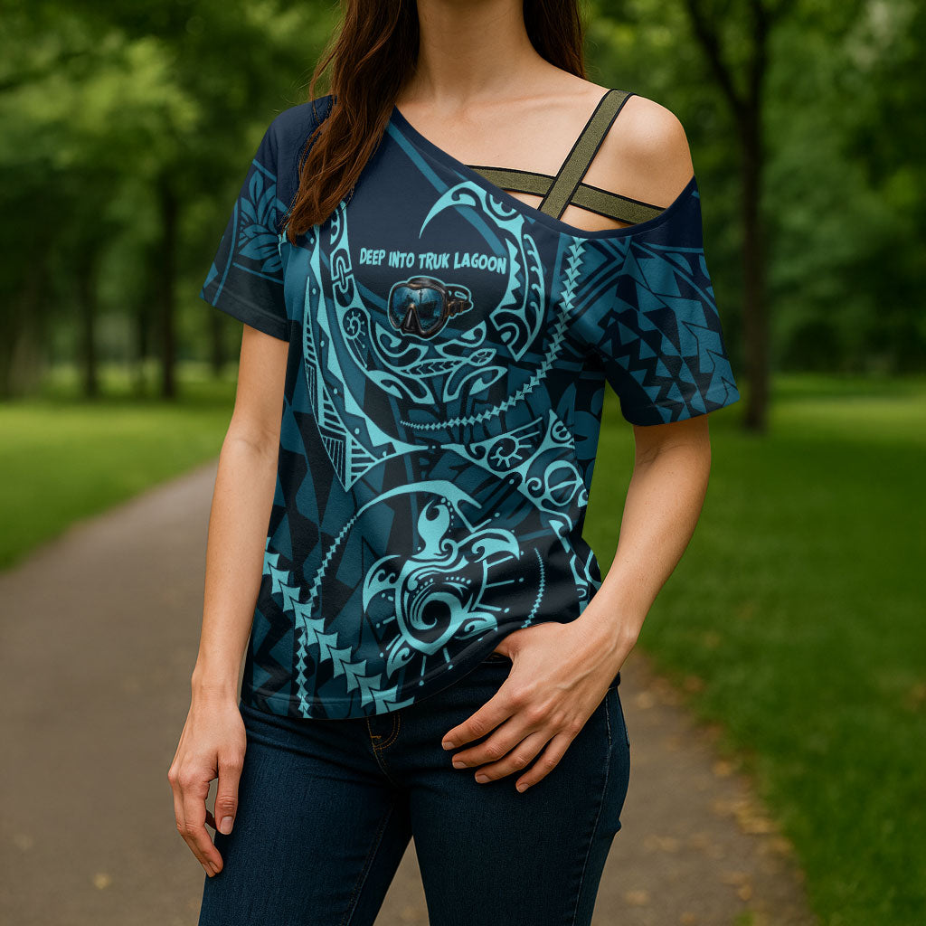 Chuuk Deep Into Truk Lagoon Cross Shoulder Shirt Polynesian Tribal Pattern Wreck Diving Teal Ship Art TS04 - Polynesian Pride