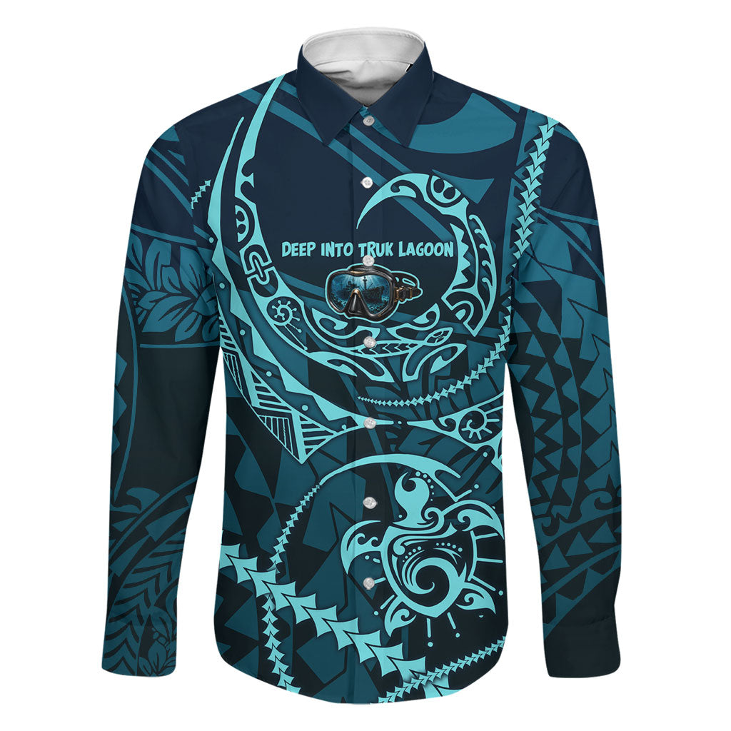 Chuuk Deep Into Truk Lagoon Family Matching Long Sleeve Bodycon Dress and Hawaiian Shirt Polynesian Tribal Pattern Wreck Diving Teal Ship Art TS04 Dad's Shirt - Long Sleeve Blue Black - Polynesian Pride