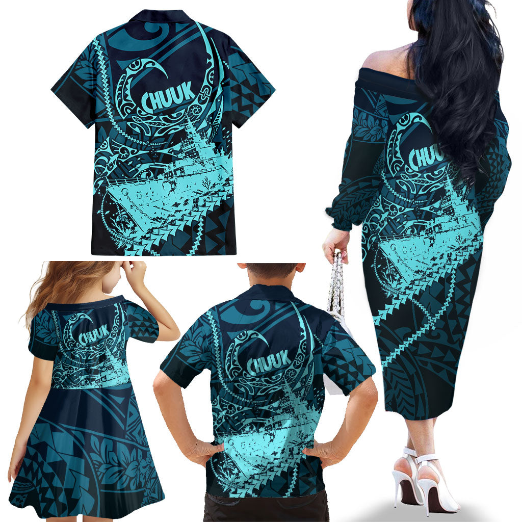 Chuuk Deep Into Truk Lagoon Family Matching Off The Shoulder Long Sleeve Dress and Hawaiian Shirt Polynesian Tribal Pattern Wreck Diving Teal Ship Art TS04 - Polynesian Pride