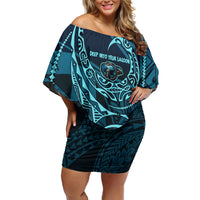 Chuuk Deep Into Truk Lagoon Family Matching Off Shoulder Short Dress and Hawaiian Shirt Polynesian Tribal Pattern Wreck Diving Teal Ship Art