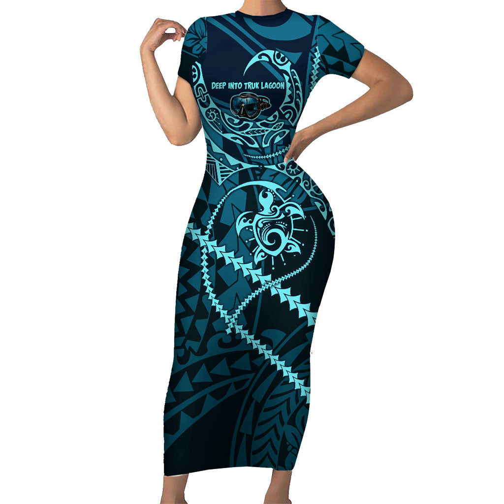 Chuuk Deep Into Truk Lagoon Family Matching Short Sleeve Bodycon Dress and Hawaiian Shirt Polynesian Tribal Pattern Wreck Diving Teal Ship Art TS04 Mom's Dress Blue Black - Polynesian Pride