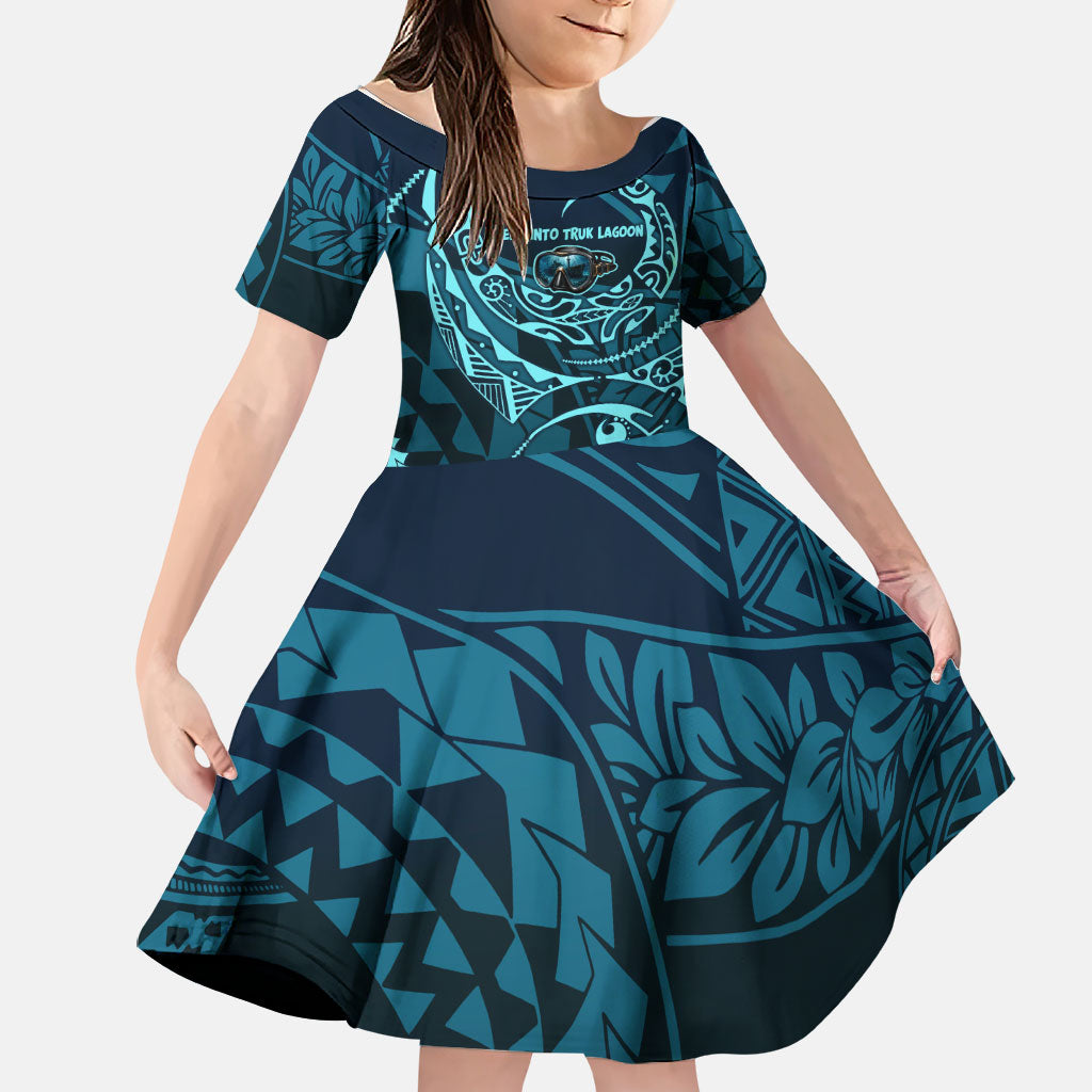 Chuuk Deep Into Truk Lagoon Family Matching Summer Maxi Dress and Hawaiian Shirt Polynesian Tribal Pattern Wreck Diving Teal Ship Art