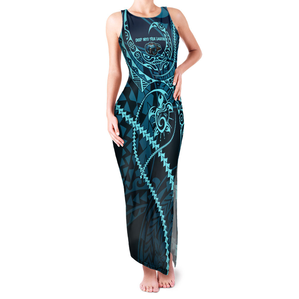 Chuuk Deep Into Truk Lagoon Family Matching Tank Maxi Dress and Hawaiian Shirt Polynesian Tribal Pattern Wreck Diving Teal Ship Art