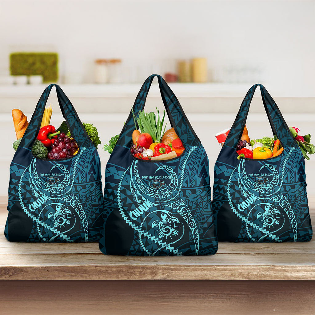 Chuuk Deep Into Truk Lagoon Grocery Bag Polynesian Tribal Pattern Wreck Diving Teal Ship Art TS04 3-pack One Size Blue Black - Polynesian Pride