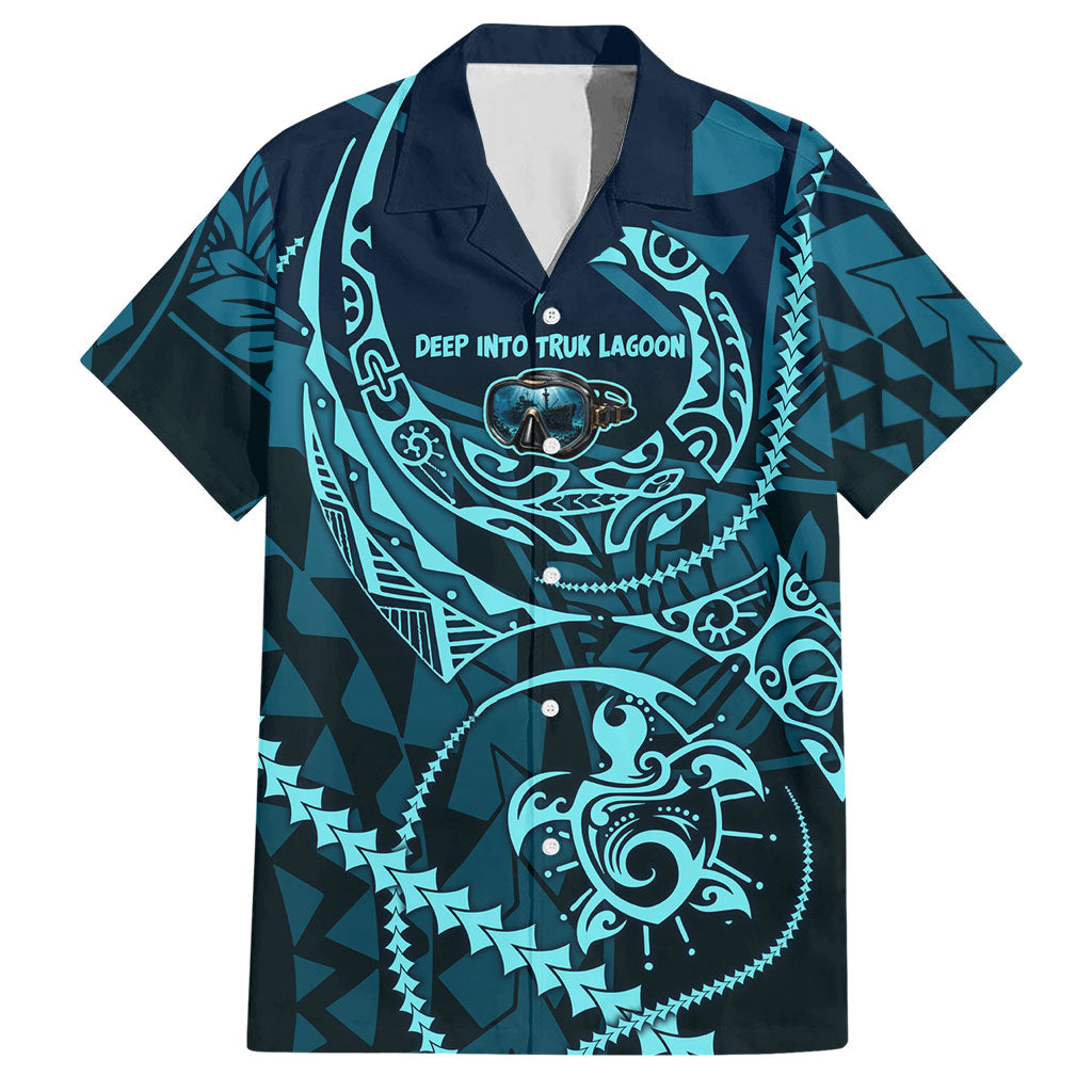 Chuuk Deep Into Truk Lagoon Hawaiian Shirt Polynesian Tribal Pattern Wreck Diving Teal Ship Art TS04 Blue Black - Polynesian Pride