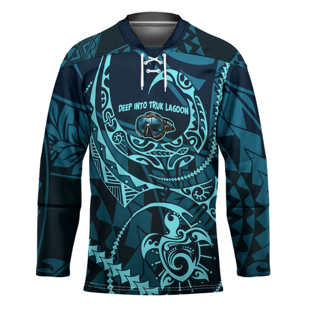 Chuuk Deep Into Truk Lagoon Hockey Jersey Polynesian Tribal Pattern Wreck Diving Teal Ship Art TS04 Unisex Blue Black - Polynesian Pride