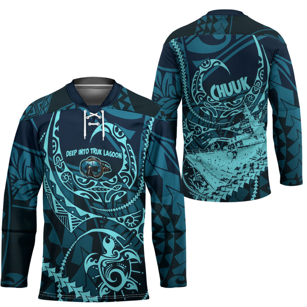 Chuuk Deep Into Truk Lagoon Hockey Jersey Polynesian Tribal Pattern Wreck Diving Teal Ship Art TS04 - Polynesian Pride
