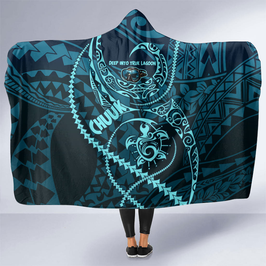 Chuuk Deep Into Truk Lagoon Hooded Blanket Polynesian Tribal Pattern Wreck Diving Teal Ship Art TS04 One Size Blue Black - Polynesian Pride